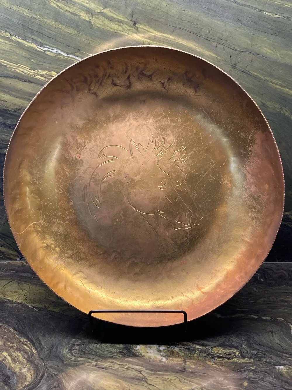 Horse Head Plate Hammered Copper Equestrian Design Bowl Dish Vintage